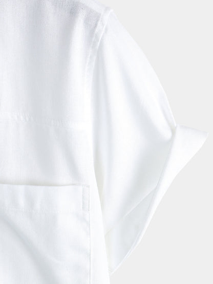 Men's Cotton & Linen Chest Pockets Solid Color Short Sleeve Shirt