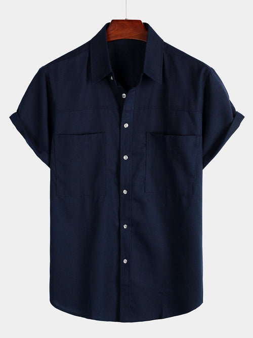 Men's Cotton & Linen Chest Pockets Solid Color Short Sleeve Shirt