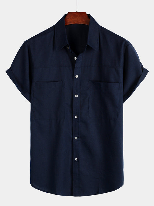 Men's Cotton & Linen Chest Pockets Solid Color Short Sleeve Shirt