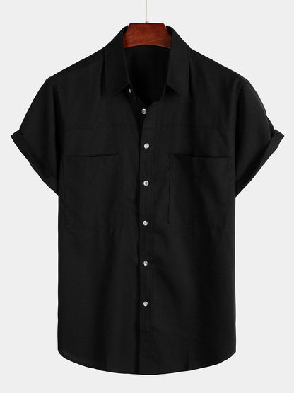 Men's Cotton & Linen Chest Pockets Solid Color Short Sleeve Shirt