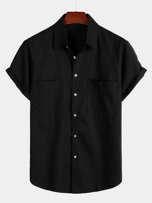 Men's Cotton & Linen Chest Pockets Solid Color Short Sleeve Shirt