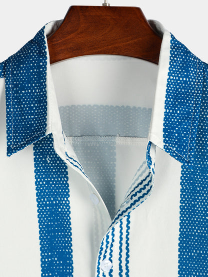 Men's Vintage Blue Vertical Striped Casual Short Sleeve Shirt
