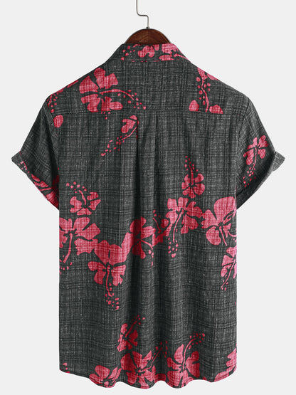Men's Summer Red Floral Hawaiian Short Sleeve Shirt