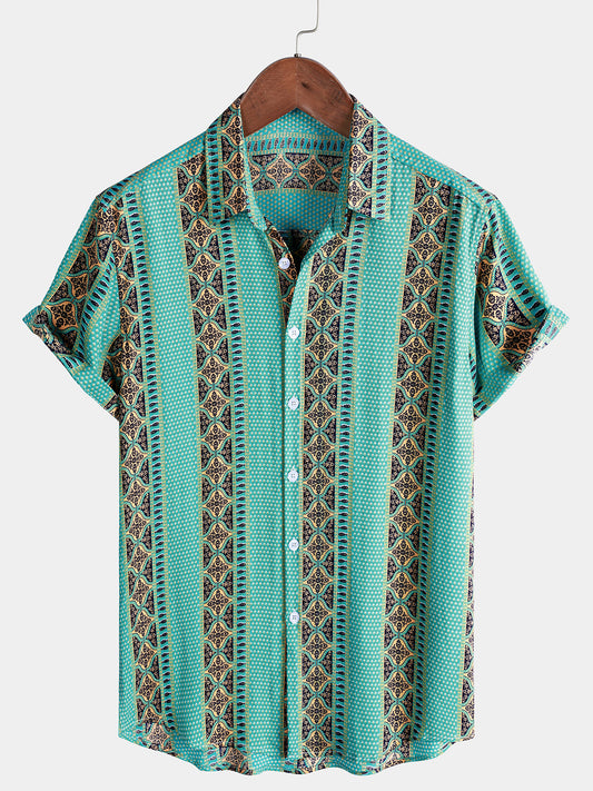 Men’s Retro Cool Lightweight Floral Stripe Button Down Short Sleeve Breathable Summer Shirt