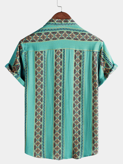 Men’s Retro Cool Lightweight Floral Stripe Button Down Short Sleeve Breathable Summer Shirt