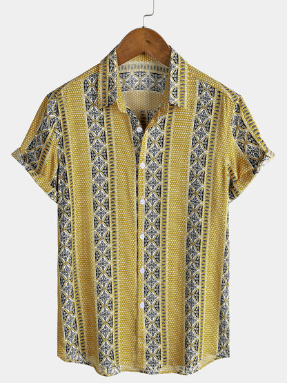 Men’s Vintage Breathable Short Sleeve Stripe Button Up Lightweight Cool Casual Shirt