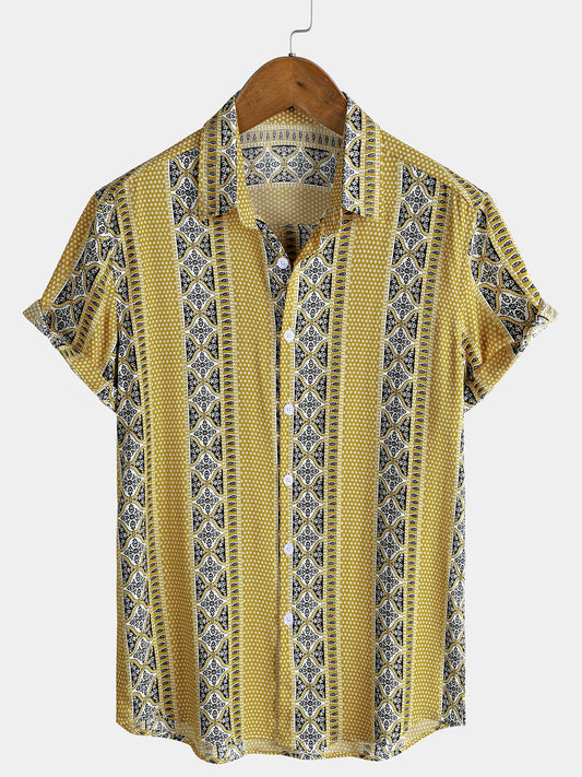 Men’s Vintage Breathable Short Sleeve Stripe Button Up Lightweight Cool Casual Shirt