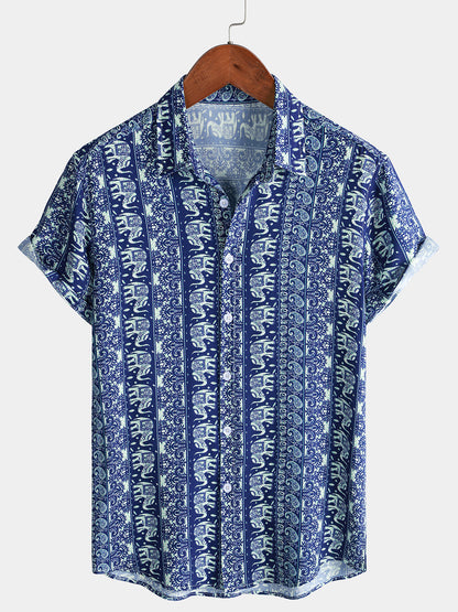 Men’s Retro Lightweight Breathable Elephant Print Short Sleeve Cool Casual Summer Shirt
