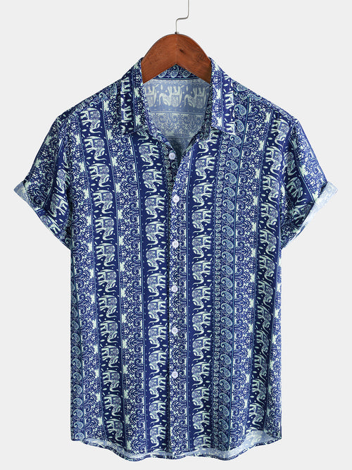 Men’s Retro Lightweight Breathable Elephant Print Short Sleeve Cool Casual Summer Shirt