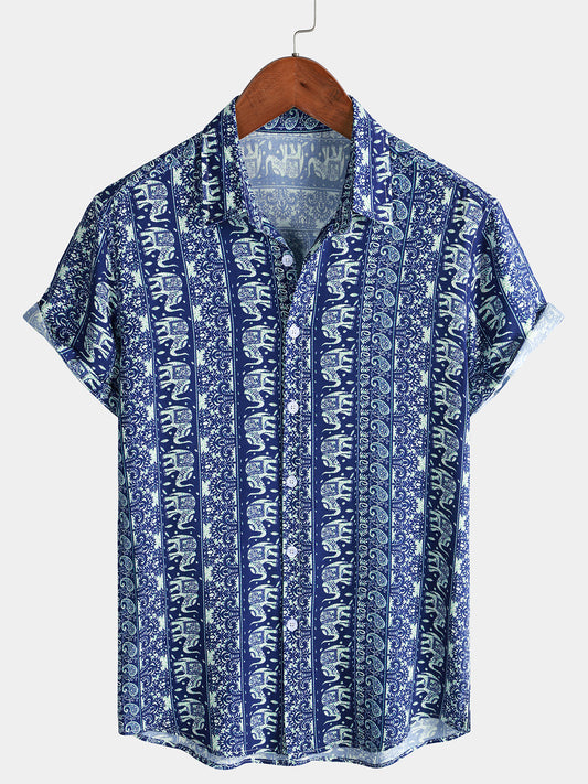 Men’s Retro Lightweight Breathable Elephant Print Short Sleeve Cool Casual Summer Shirt