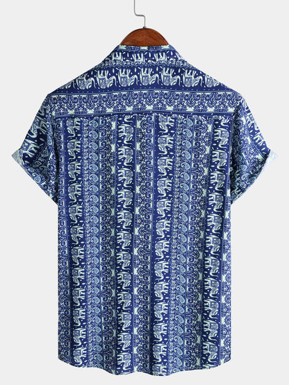 Men’s Retro Lightweight Breathable Elephant Print Short Sleeve Cool Casual Summer Shirt