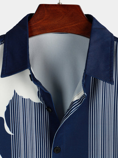 Men's Vertical Stripe Flower Print Vacation Navy Blue Hawaiian Vintage Aloha Short Sleeve Shirt