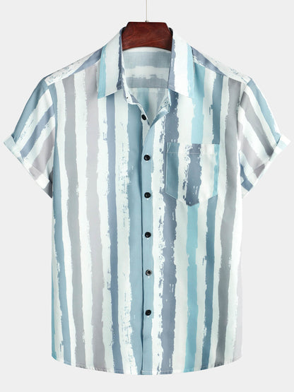 Men's Grey Striped Casual Pocket Art Button Holiday Short Sleeve Shirt