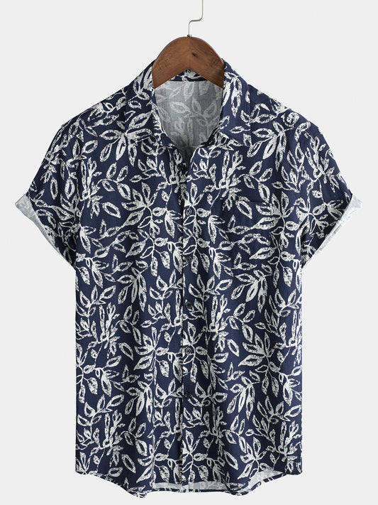 Men's Tropical Foliage Pattern Breathable Cotton Summer Holiday Resort Shirt
