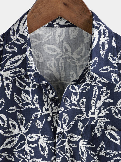 Men's Tropical Foliage Pattern Breathable Cotton Summer Holiday Resort Shirt