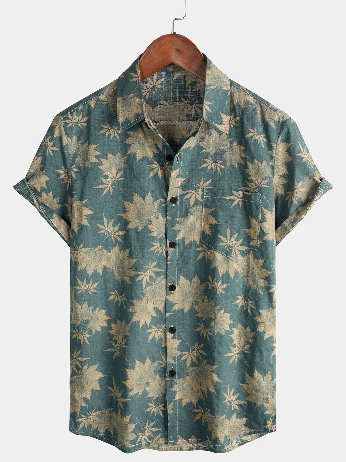 Men's Maple Leaf Breathable Top Cotton Pocket Short Sleeve Summer Shirt