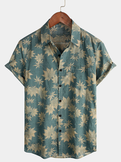 Men's Maple Leaf Breathable Top Cotton Pocket Short Sleeve Summer Shirt