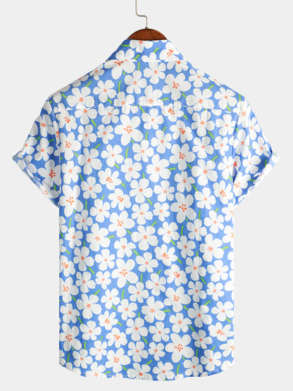 Men's Summer Floral Print Holiday Flower Resort Casual Lapel Light Blue Short Sleeve Shirt
