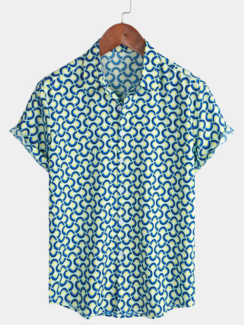 Men's Casual Holiday Geometrie Summer Short Sleeve Blue Button Up Shirt