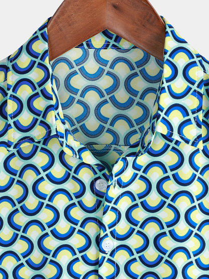 Men's Casual Holiday Geometrie Summer Short Sleeve Blue Button Up Shirt