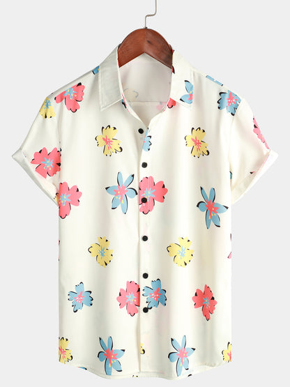 Men's Summer Floral Print White Top Button Up Short Sleeve Shirt