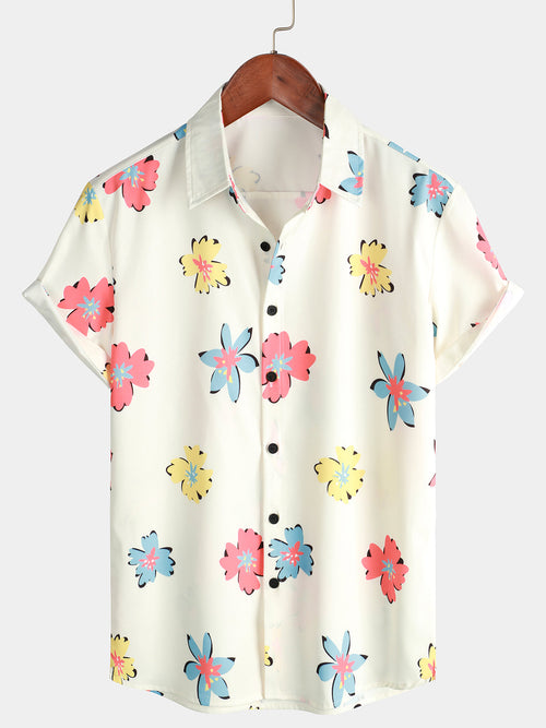 Men's Summer Floral Print White Top Button Up Short Sleeve Shirt
