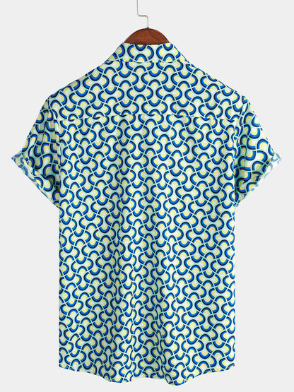 Men's Casual Holiday Geometrie Summer Short Sleeve Blue Button Up Shirt
