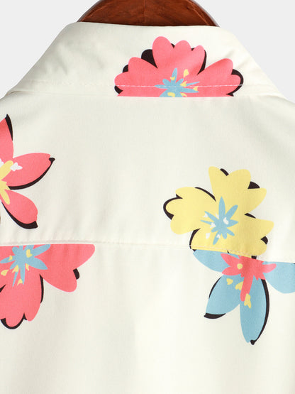Men's Summer Floral Print White Top Button Up Short Sleeve Shirt