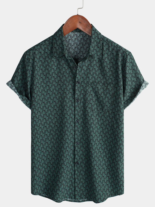 Men's Casual Holiday Short Sleeve Green Button Up Shirt