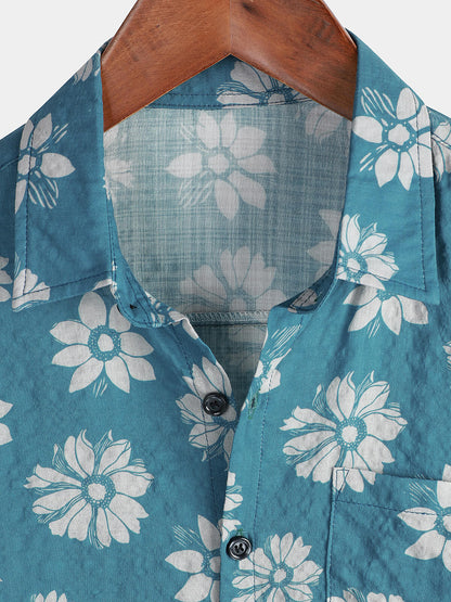 Men's Blue Floral Short Sleeve Summer Cotton Hawaiian Button Up Shirt