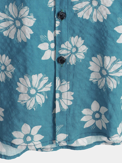 Men's Blue Floral Short Sleeve Summer Cotton Hawaiian Button Up Shirt