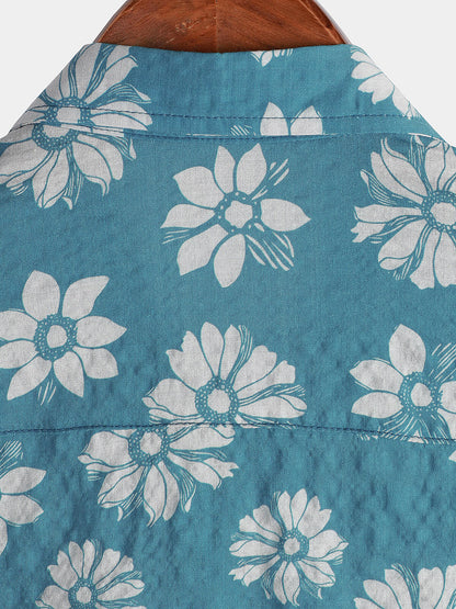 Men's Blue Floral Short Sleeve Summer Cotton Hawaiian Button Up Shirt