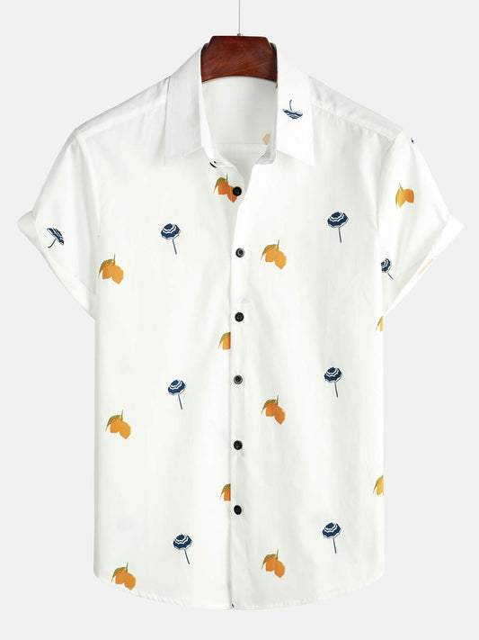 Men's Cotton White Hawaiian Button Up Beach Holiday Summer Short Sleeve Shirt