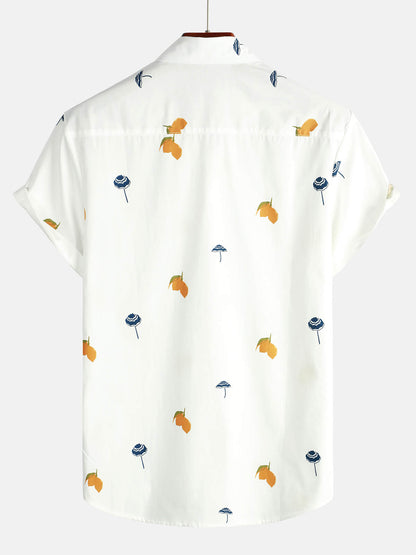 Men's Cotton White Hawaiian Button Up Beach Holiday Summer Short Sleeve Shirt