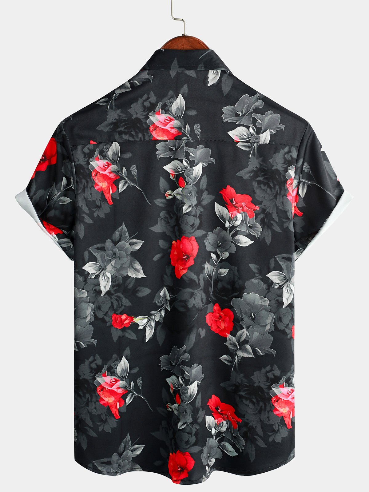 Men's Casual Floral Button Up Summer Beach Black Short Sleeve Shirt