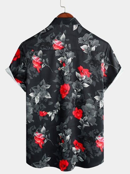Men's Casual Floral Button Up Summer Beach Black Short Sleeve Shirt