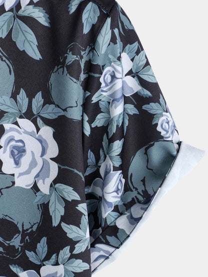 Men's Floral Print Cool Skull Vacation Button Short Sleeve Shirt