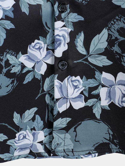 Men's Floral Print Cool Skull Vacation Button Short Sleeve Shirt