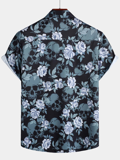 Men's Floral Print Cool Skull Vacation Button Short Sleeve Shirt