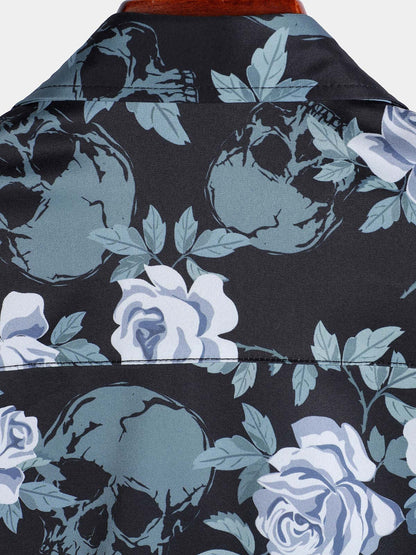 Men's Floral Print Cool Skull Vacation Button Short Sleeve Shirt