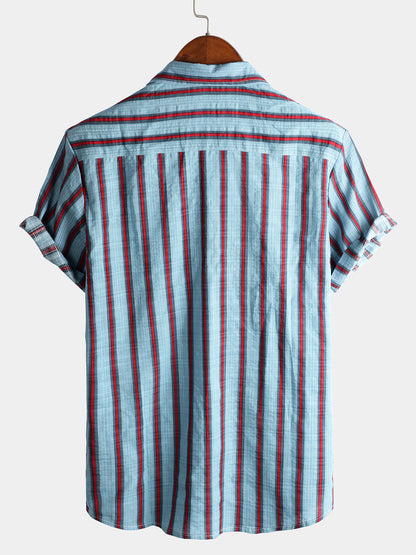 Men's Blue Striped Casual Cotton Short Sleeve Button Up Shirt