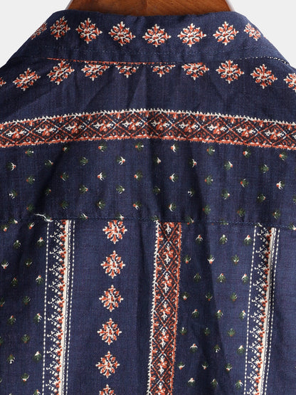 Men's Retro 70s Button Up Vintage Navy Blue Striped Beach Summer Short Sleeve Cotton Shirt