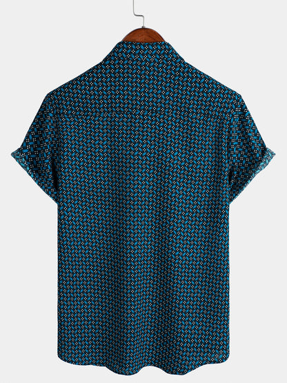 Men's Blue Casual Holiday Summer Short Sleeve Button Up Shirt