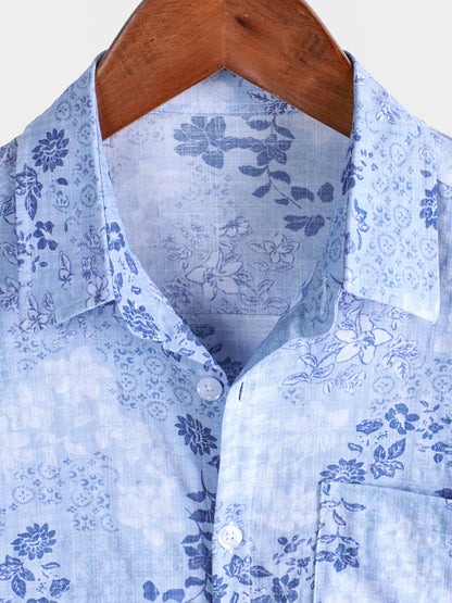Men's Blue Floral Print Retro Short Sleeve Shirt