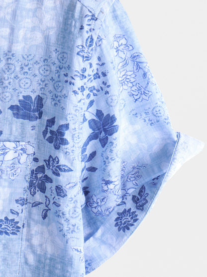 Men's Blue Floral Print Retro Short Sleeve Shirt