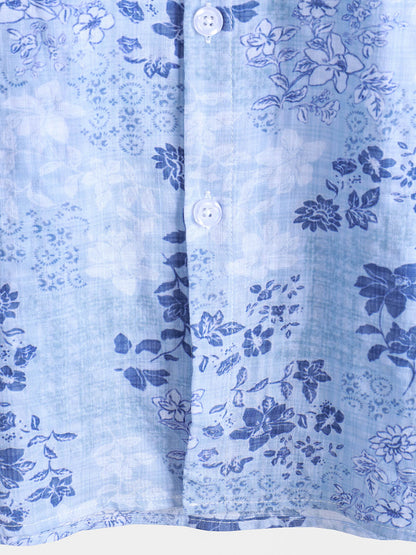 Men's Blue Floral Print Retro Short Sleeve Shirt