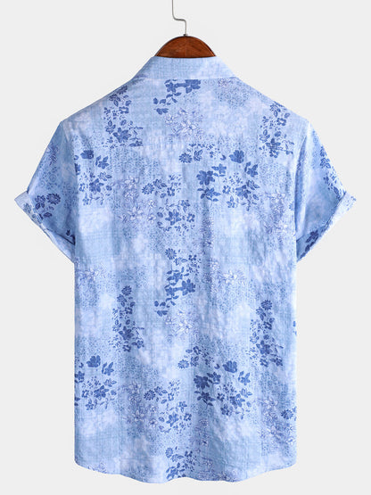 Men's Blue Floral Print Retro Short Sleeve Shirt
