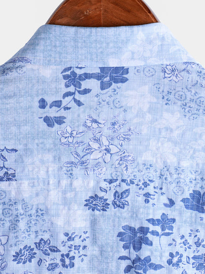 Men's Blue Floral Print Retro Short Sleeve Shirt