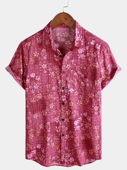 Men's Pink Floral Holiday Casual Pocket Short Sleeve Retro Shirt