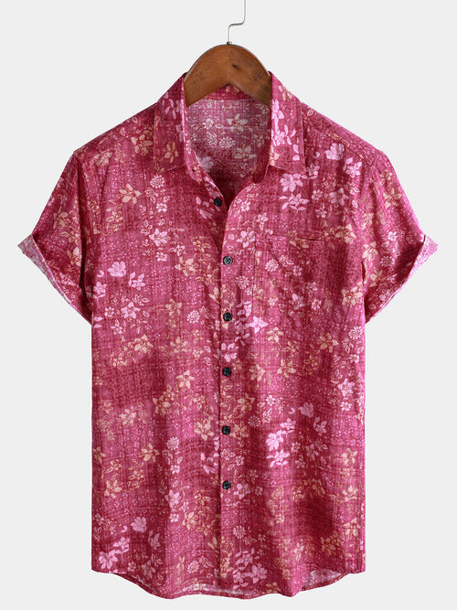 Men's Pink Floral Holiday Casual Pocket Short Sleeve Retro Shirt